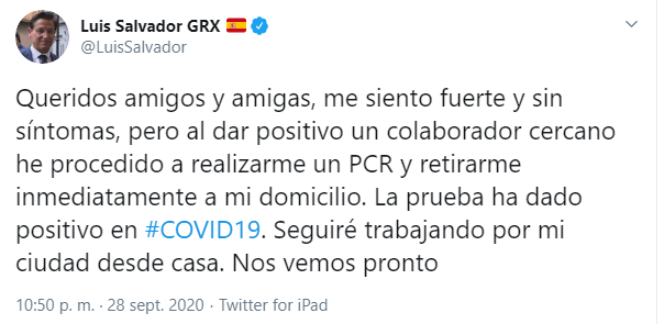 El alcalde de Granada seguirá trabajando "desde casa" tras dar positivo en Covid