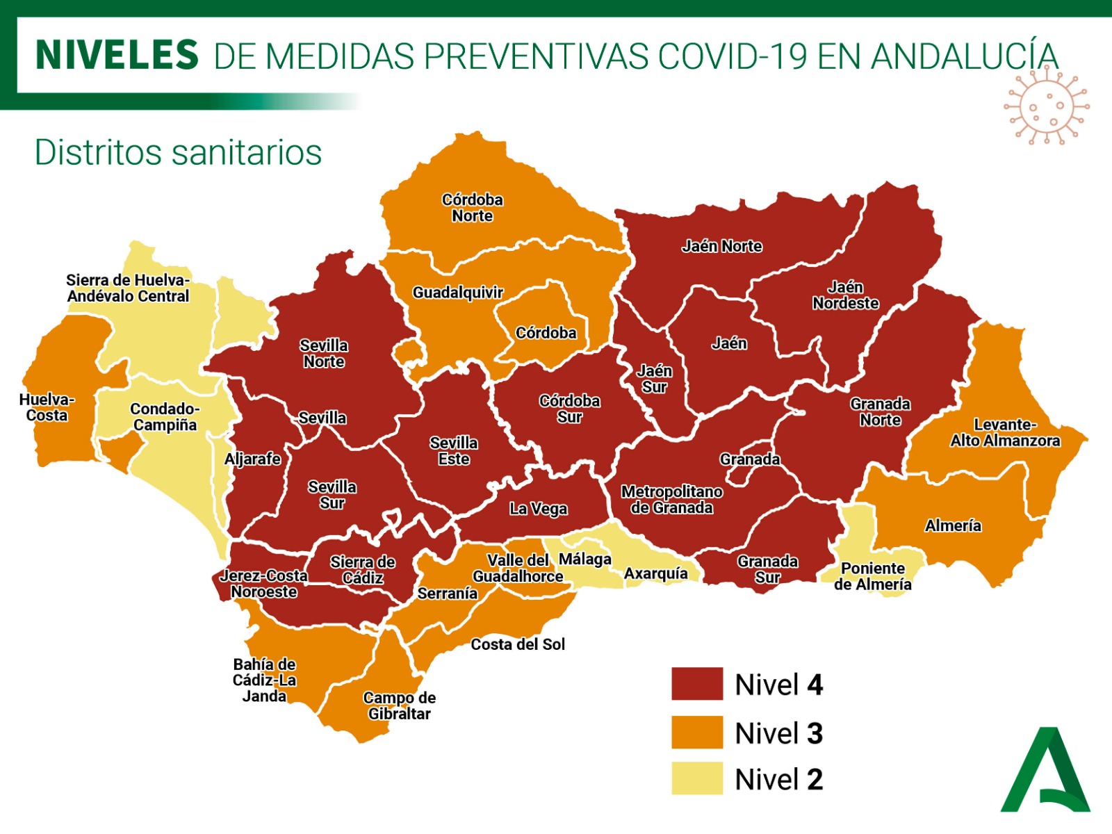 Mapa de alerta sanitaria en Andalucía. / Foto: Junta de Andalucía.