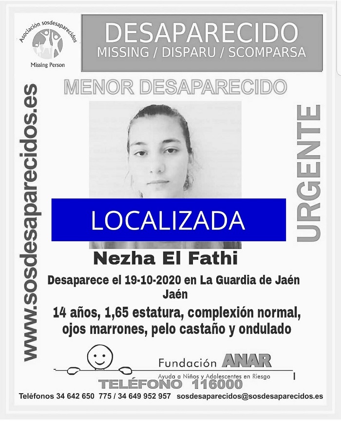 Localizan a Nezha El Fathi, la menor desaparecida en Jaén