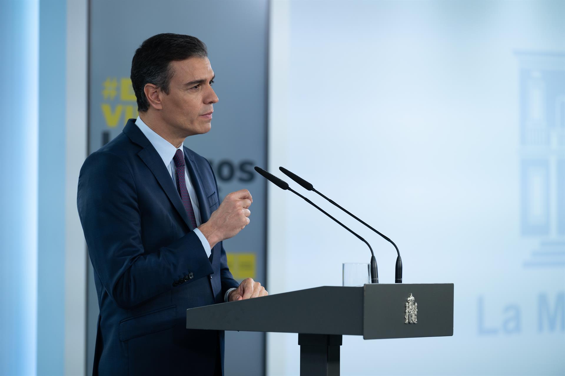 El presidente del Gobierno, Pedro Sánchez, durante una declaración institucional para valorar los acuerdos alcanzados ayer en el seno del Consejo Interterritorial de Salud y la evolución de la pandemia en España. / Foto: Moncloa. / Europa Press.