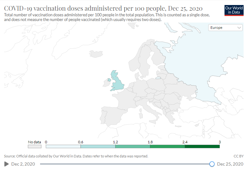 Mapa de la dosis de vacunas administradas en Europa en tiempo real. / Foto: Our World in Data.