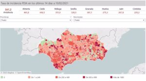 Mapa de Andalucía con incidencia del Covid-19 por municipios a 19 de febrero de 2021. / Foto: Junta de Andalucía. / Europa Press.